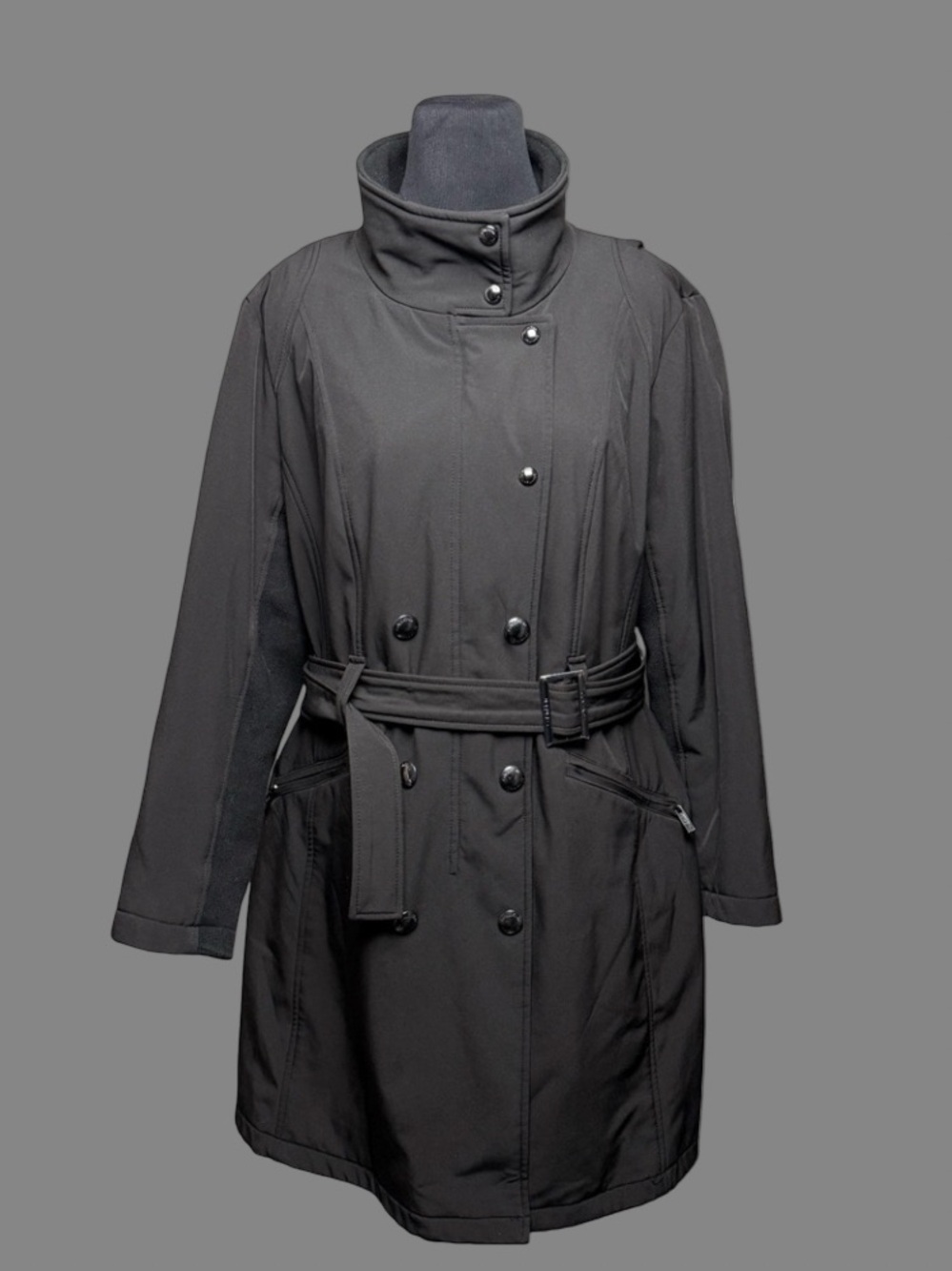 Calvin Klein Womens Black Water Resist Rain Trench Coat Belted XL Classic Preppy